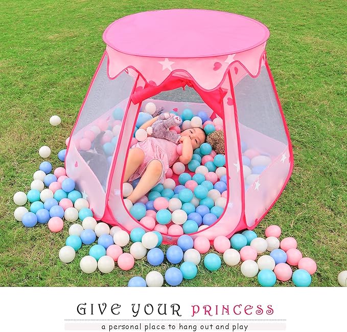 Princess Tent Girls Kids Playhouse Pop Up Play Tent with Star Light Tent for Kids Ball Pit Toys for 1,2,3 Years Girl Birthday Gift for Indoor Outdoor Toddler Girl Gift, Easy to Pop Up and Assemble