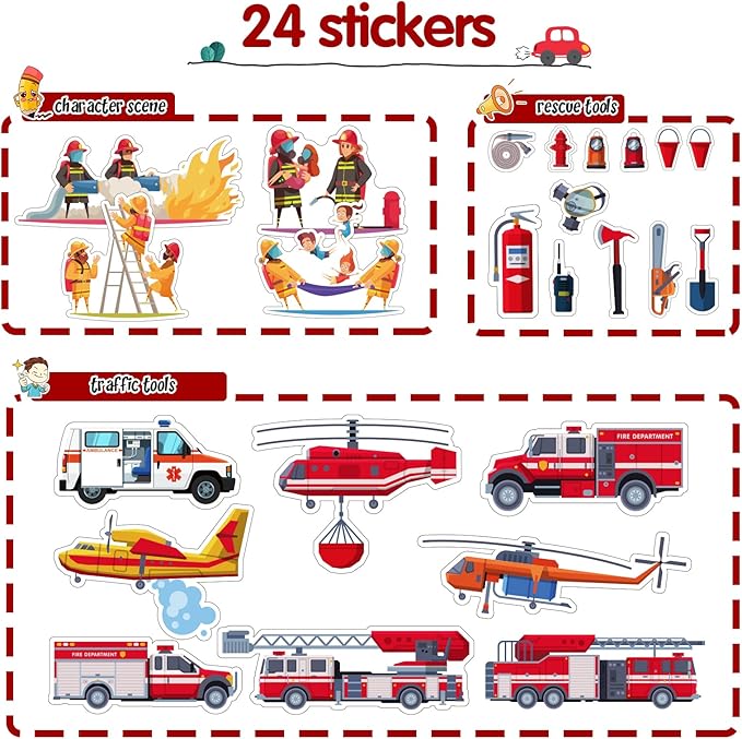 Oriate Fire Truck Vehicle Toys with Flatbed Trailer & Various Traffic Road Signs, Diecast Firetruck for 3 4 5 6 7 Year Old Boys Girls, Ambulance, Helicopter, Fire Rescue Theme Stickers