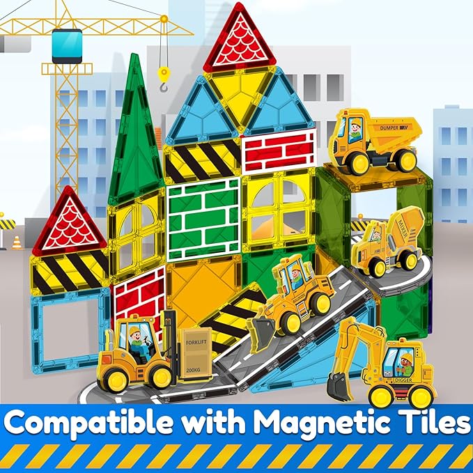 Oriate Rolling Construction Toys for Magnetic Tiles, 5pcs Construction Vehicle Toys Compatible with Magnet Tiles, Kids Trucks for Magnetic Building Blocks Magnetic Tiles, Educational Gift Boys Girls