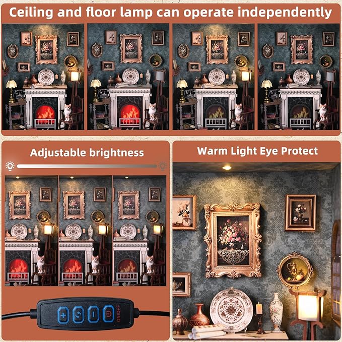 Book Nook Kit - 3D Wooden Puzzle with LED Switch Control & Wall-Mountable Frame，DIY Miniature House for Beginners，Bookshelf/Tabletop/Wall Decor for Craft Lovers，Dollhouse Gift,Fireplace