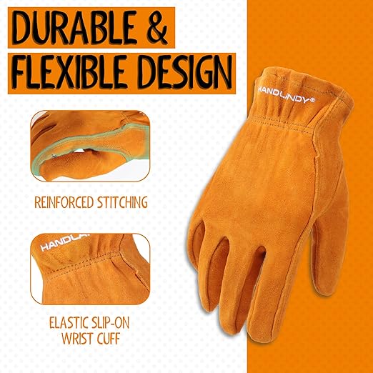 HANDLANDY Kids Genuine Leather Work Gloves for ages 3-11, Children Gardening Gloves for Boys, Girls (Small (for age 2-4), Orange)