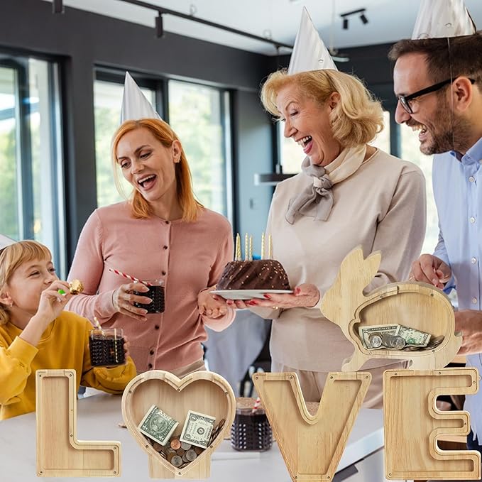 Heart Shaped Wooden Piggy Bank Clear Acrylic Panel Coin Savings Box Personalized Money Bank for Kids Boys Girls Adults Couples, Birthday Christmas Wedding Gift Home Décor