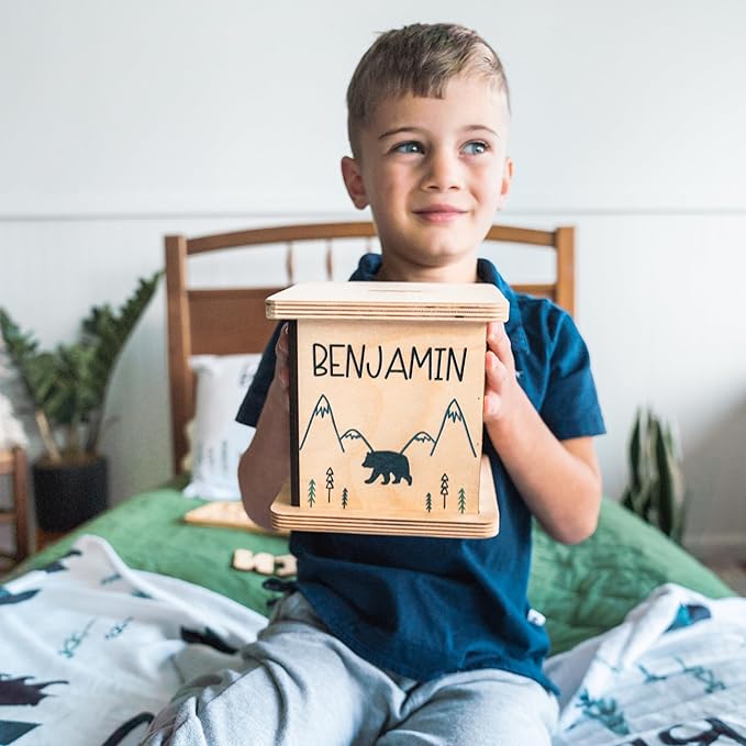 Wooden Piggy Bank for Kids and Adults, Personalized Gift Handmade in USA by BloomOwl, Custom Piggy Bank, Personalized Banks for Kids, Gifts for Baby Boys and Girls (Minimal Bear)