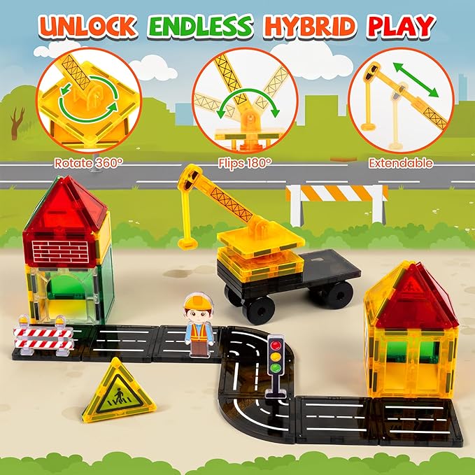 cossy Magnetic Tiles Road Set, Magnet Tiles with Mobile Crane, Magnetic Tiles for Kids Ages 4-8, STEM Toys, Magnet Blocks for Boys and Girls, Creative Building Toys, Engineering