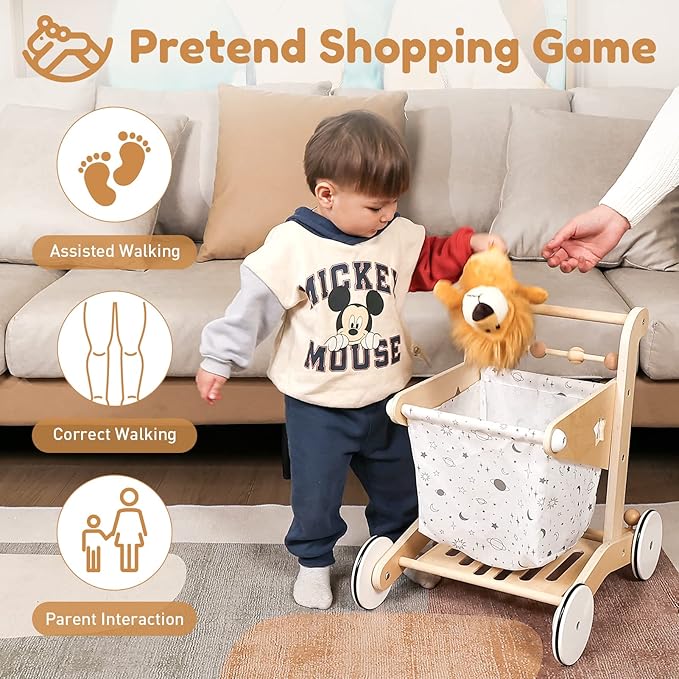 Woodtoe Wooden Baby Walker Doll Stroller | Adjustable Speed Shopping Cart for Toddlers 1-3 | Baby Push Walker - Pretend Play Grocery Cart | Natural Wood Stroller Push Toys for Babies Learning to Walk