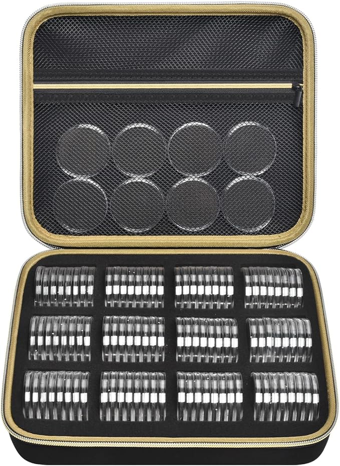 PAIYULE 96 Pieces 46mm Coin Capsules, with Foam Gasket and Plastic Storage Organizer Box, 6 Sizes (20/25/27/30/38/46mm) Coins Collector Case Holder for Coin Collection Supplies (Gold)