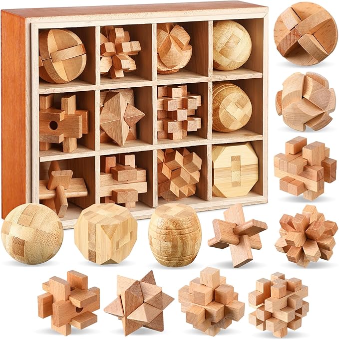 Yilloog 12 Pcs Wooden Brain Teaser Puzzles Set, Educational Games 3D Wooden Puzzle, Logic IQ Mind Challenging Puzzles for Adults Kids Christmas Birthday Gifts