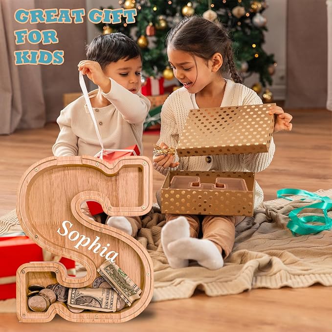 Wooden Letter Piggy Bank for Kids Larger Letter Piggy Bank for Boys and Girls Personalized Piggy Bank Initial Coin Bank Wood Kids Money Bank for Birthday and Festival