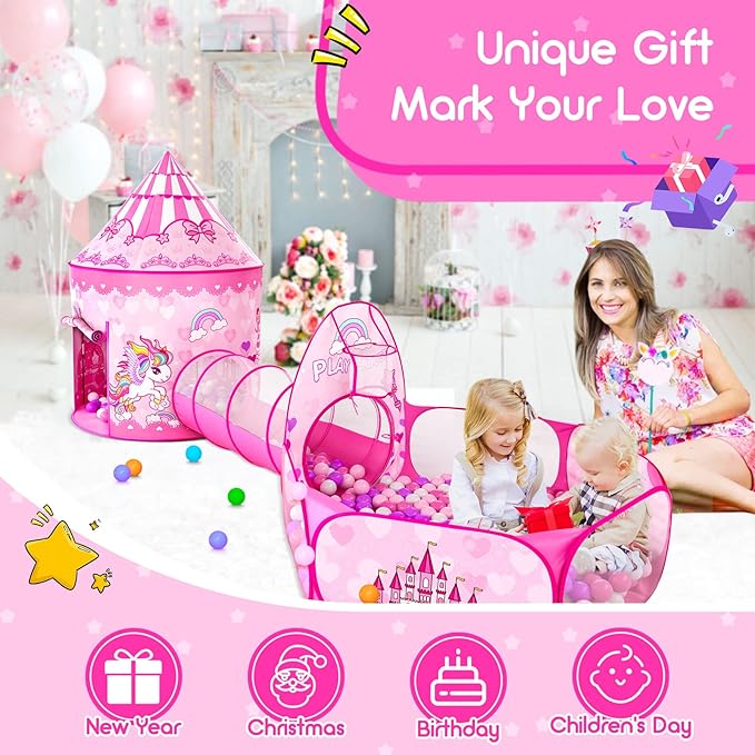 3pc Kids Play Tent for Girls with Ball Pit, Crawl Tunnel, Princess Tents for Toddlers, Baby Space World Playhouse Toys (3PC Princess Dream Tent)
