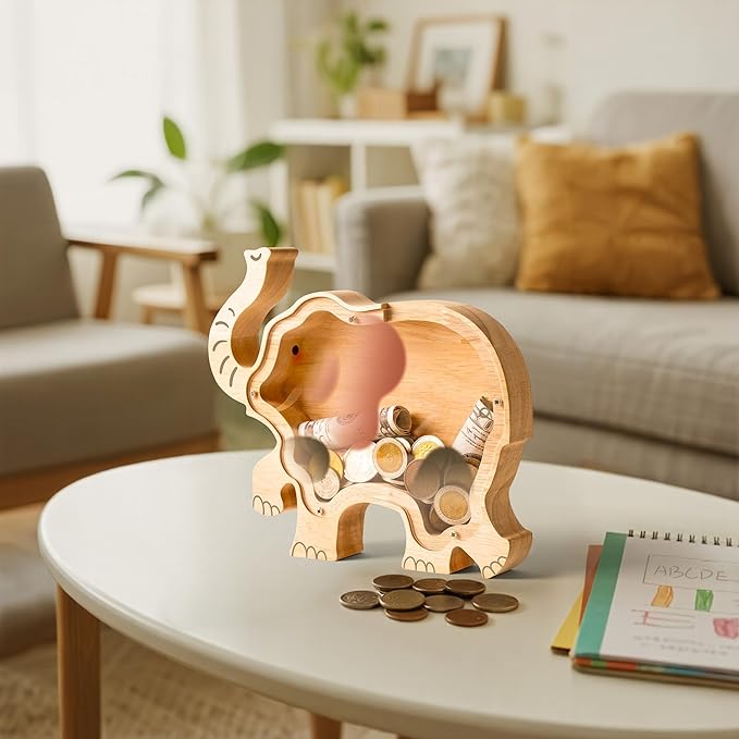 Wooden Elephant Piggy Banks for Kids, Adorable Elephant Piggy Bank with Acrylic Panels, Unbreakable Toddler Money Box for Girls Adults Boys, Cute Saving Coin Jar for Birthday Décor