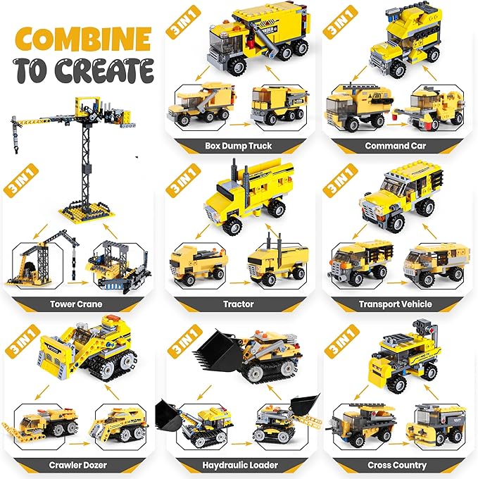 8 in 1 Excavator Toy Building Blocks Kit with Tower Crane, Tractor, Crawler Dozer, Box Dump Truck, Cross Country Vehicle, Command Car, Transport Vehicle – Construction Toys Set for Boys & Girls