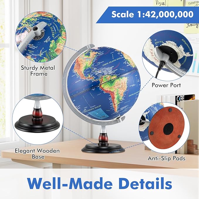 COSTWAY 12” Illuminated World Globe, Geography Educational Globe with Built-in LED Night Light, Wooden Stand, Clear Map for Kids & Adults Learning, Desktop Globes for Students, Decoration (Navy)