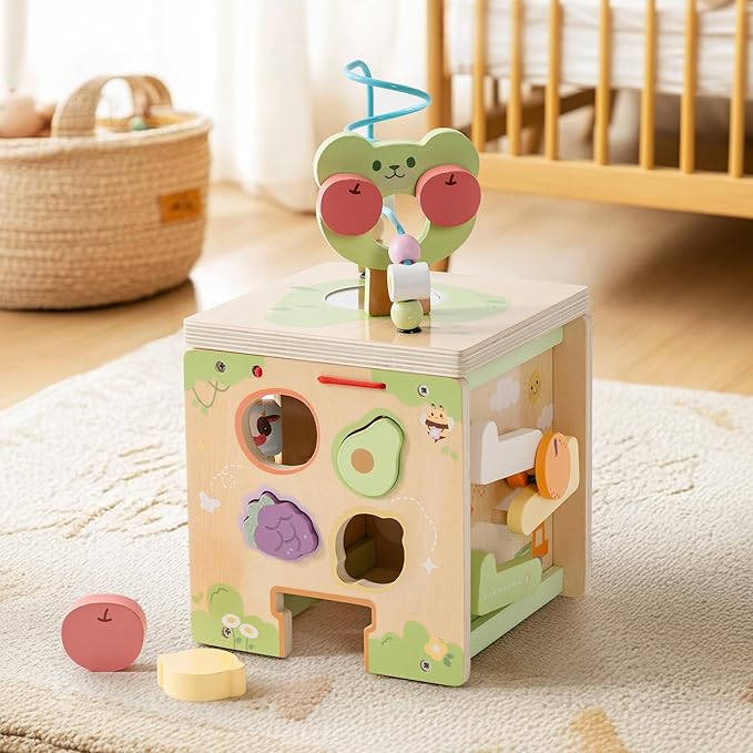 ROBOTIME Wooden Activity Cube with Bear Orchard Theme, 9-in-1 Montessori Toys for 12M+ Boys & Girls, Educational Learning Toys for Toddlers Age 1-3, 1st Birthday Gift