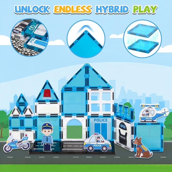 cossy Magnetic Tiles Police Set, Magnet Tiles with Policeman, Magnetic Tiles for Kids Ages 4-8, STEM Toys, Magnet Blocks for Boys and Girls, Creative Building Toys, Police