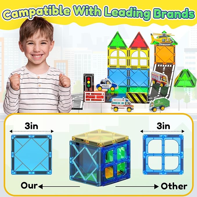 Oriate City Road Set Magnetic Tiles, Rolling Rescue Toy Cars with Construction Building Magnetic Blocks, Educational Road Traffic City Life Magnet Tiles, STEM Toys Gifts for Preschool Kids