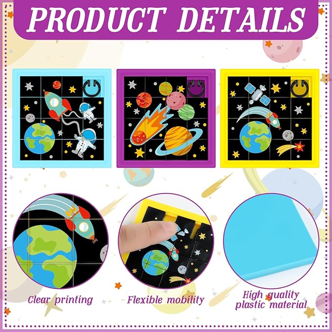 24 Pcs Fun Space Slide Puzzles Toy Bulk Kid Sliding Block Puzzle Games and Party Favors for Vbs Vacation Bible School Supplies Family Party Educational