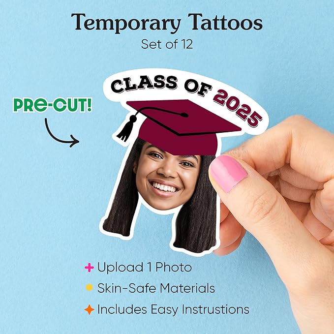 Big Dot of Happiness Custom Photo Maroon Grad Cap, Personalized Burgundy Graduation Party Favors, Fun Face Temporary Tattoos, Set of 12