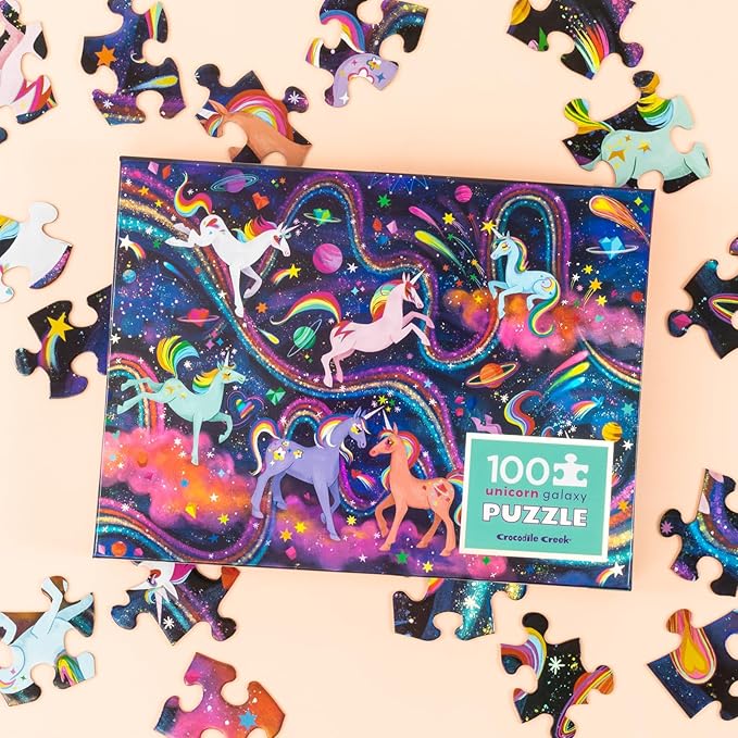 Crocodile Creek 100-Piece Jigsaw Puzzle for Kids Ages 5 and Up - Fun and Educational Table or Floor Holographic Foil Puzzle - Heavy-Duty Box for Storage - Unicorn Galaxy - 24" x 18" Finished