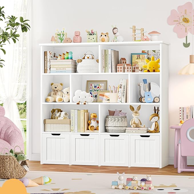 FINETONES Toy Storage Organizer, Kids Bookshelf with 4 Movable Chests and 7 Storage Cubes, Toy Chest Storage with Hidden Wheels, Toy Organizers and Toy Storage, White