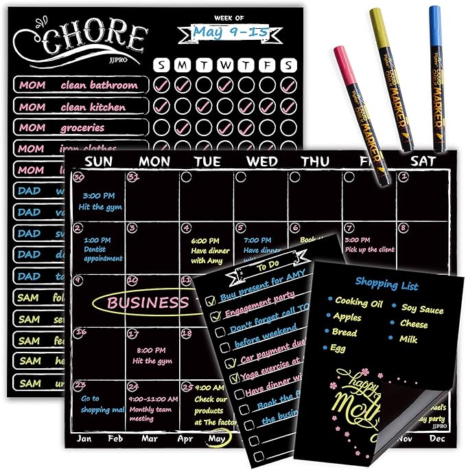 Magnetic Chalkboard Monthly Calendar - Reward Chore Chart Blackboard Combo Set with Neon Bright Liquid Chalk Markers - Bonus Grocery List and Notepad Blackboard for Refrigerator Included