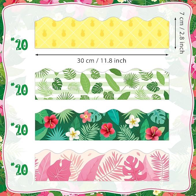 BeYumi Hawaii Tropical Border Trim - 80Pcs Back to School Hawaii Tropical Bulletin Board Borders Palm Leaf Flower Pineapple Decor Classroom Office Chalkboard Poster Summer Holiday Party Decoration