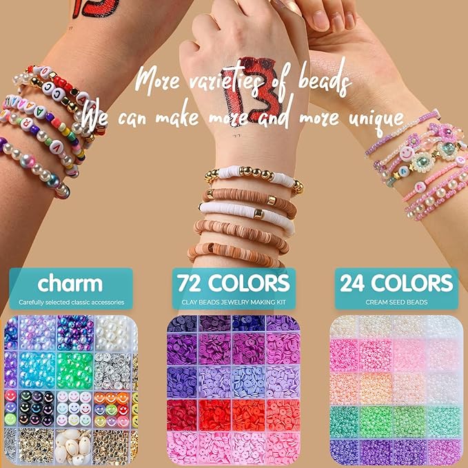 SJZWSD 6-Box Friendship Bracelet Making Kit - 16,000pcs Clay, Seed & Glass Beads Collection, Letter Beads, Charms