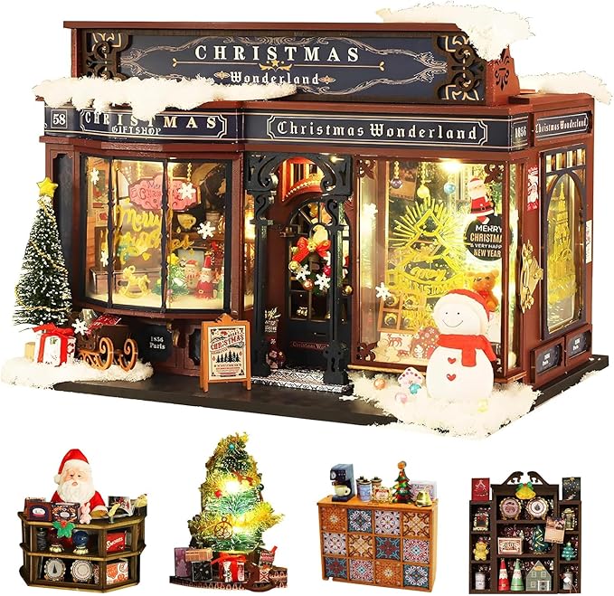 CUTEROOM Miniature House Kits for Adults, Mini Dollhouse Wooden Furniture Kit, DIY Craft Kits Creative Room Tiny House for Decoration- Christmas Wonderland