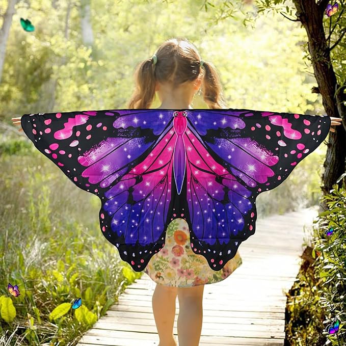 Butterfly Costume for Girls Fairy Wings Kids 4 Pcs(Cape,Skirts,Masks,Hair Clips) Butterfly Wings for Halloween Gifts