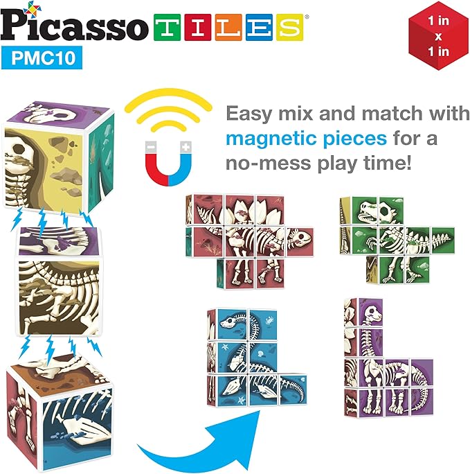PicassoTiles Magnetic Cube Puzzle 7-in-1 Dinosaur Theme Pattern Magnet Mix Match Building Cubes Toy Set Kids Ages 3 & Up Preschool Children Promote Problem Solving Skills PMC10