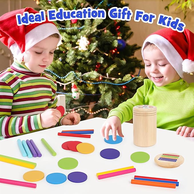 Montessori Toys for 1 Year Old, Color Classification Sensory Toy with Two Wooden Lids for Toddlers Age 1 2 3, Fine Motor Skills Sensory Toys for 18 Month Old boy Girls Gifts