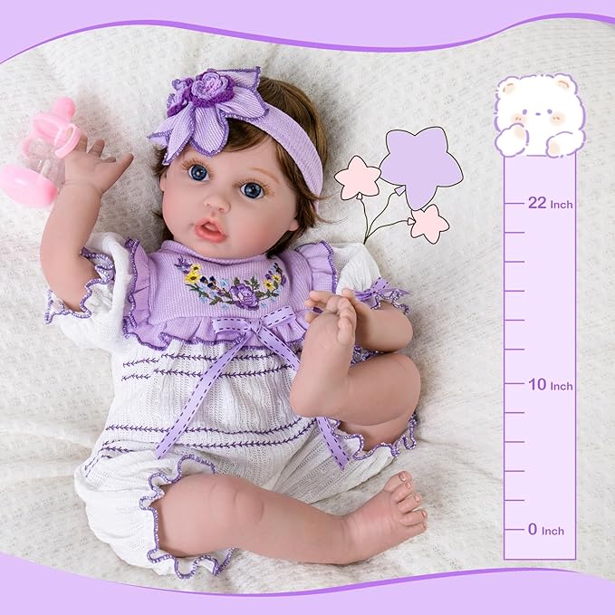 Aori Reborn Baby Dolls - 22 Inch Realistic Lifelike Baby Girl - Handmade Vinyl Reborn Doll with Feeding Set & Purple Outfit | Newborn Baby Doll for Kids 3+, Collectors, Role Play