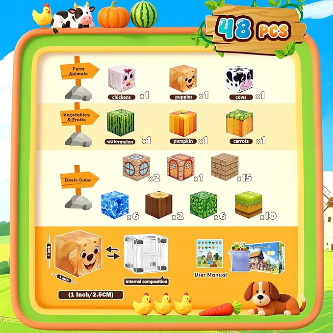 Magnetic Blocks Building Toys for Kids: Magnetic Blocks for Kids Ages 3-4, 8-12, 1" Magnet Cubes STEM Toys for Boys & Girls,Christmas Birthday Gifts for Toddler Ages 3+, 48PCS Blocks Farm Theme