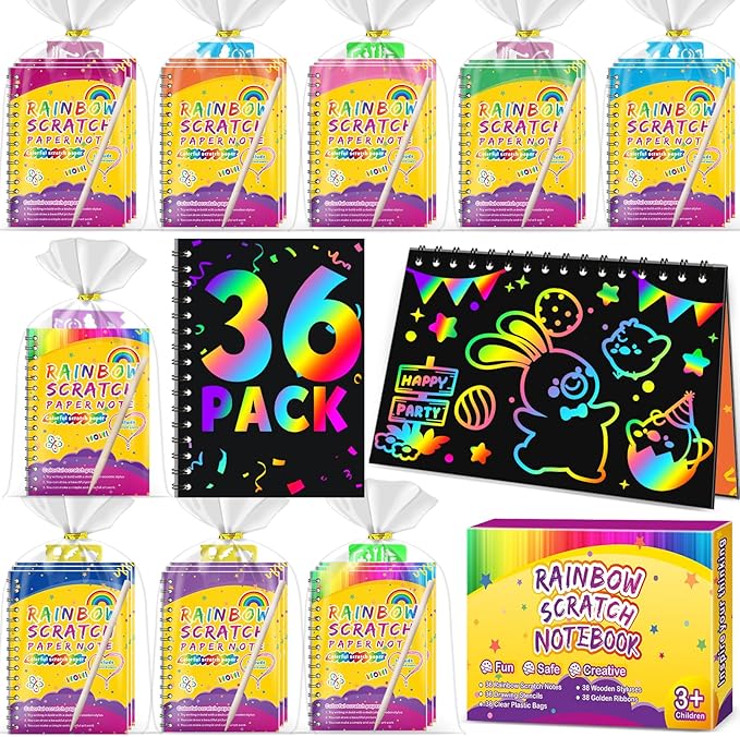 Party Favors for Kids 4-8-12: 36 Pack Scratch Rainbow Art Notebook, Colorful Crafts Goodie Bags Kit, Bulk Gifts for Valentines Easter Basket Stuffers Birthday Girl Boy Children Classroom Prizes