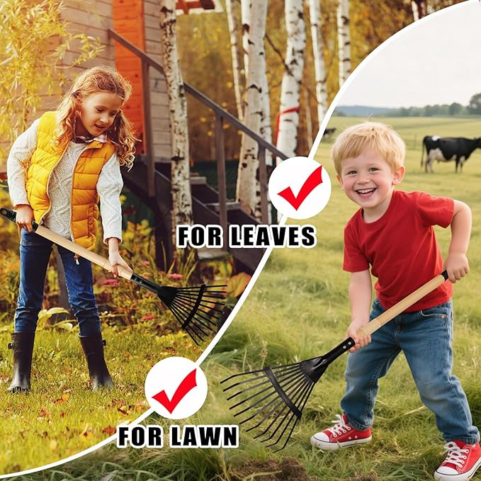 Kids Rake and Shovel Set, 2Pcs Garden Tools Metal Head with Wooden Handle, Great Gardening Gifts for Boys Girls Age 3 and Up