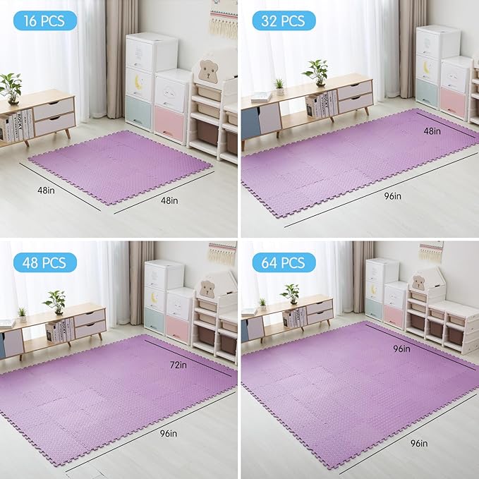 Coolcandy Foam Play Mat, 12"x12" Square Tiles - Non-Toxic, Soft, Thickened, Interlocking - Toddler Playmat for Playing, Exercise (Purple, 16 Tiles)