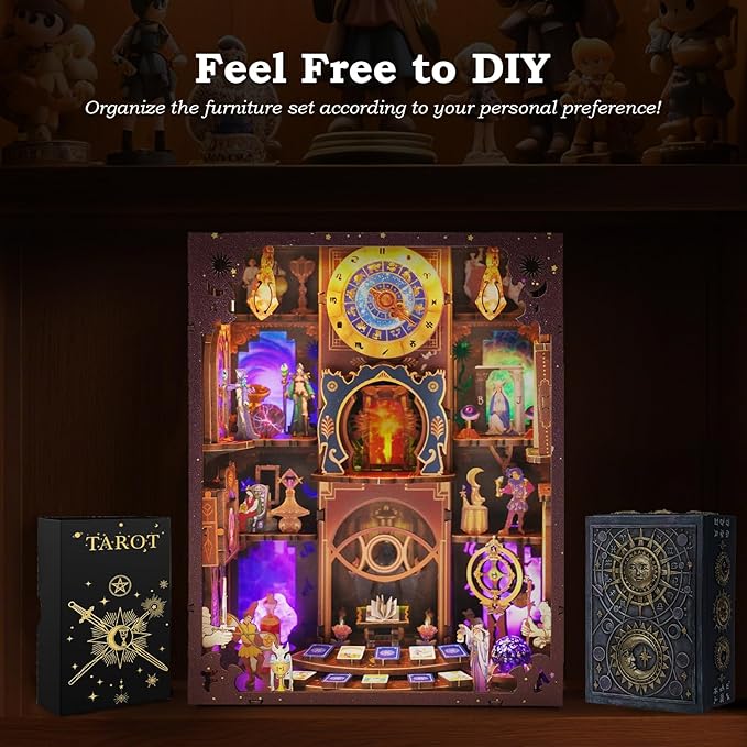 Book Nook Kit - DIY Miniature Dollhouse with LED Lights for Adults & Teens, Fantasy Tarot-Themed 3D Wooden Bookshelf Decor, for Craft Lovers