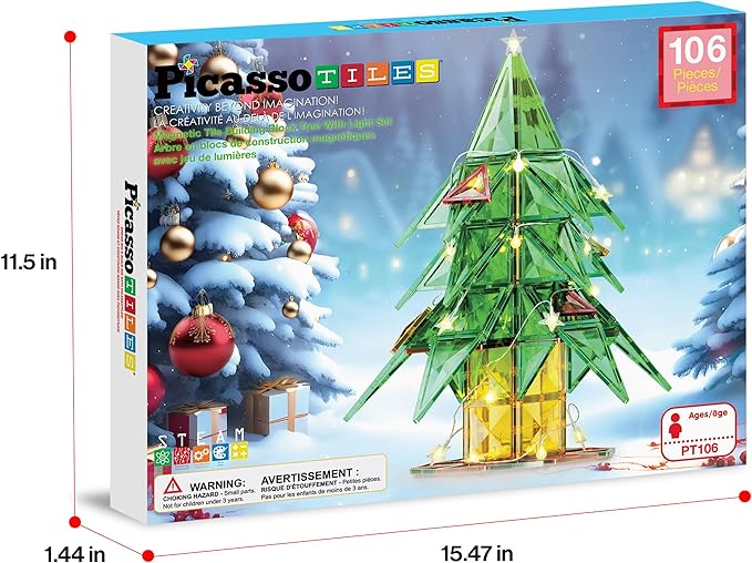 PicassoTiles 106pc Magnetic Tiles LED Light-Up Tree Toy Holiday STEM Toys for Kids Educational Magnet Building Blocks Gift for Toddlers Boys Girls Christmas Montessori Puzzle Play Set Ages 3+ PT106