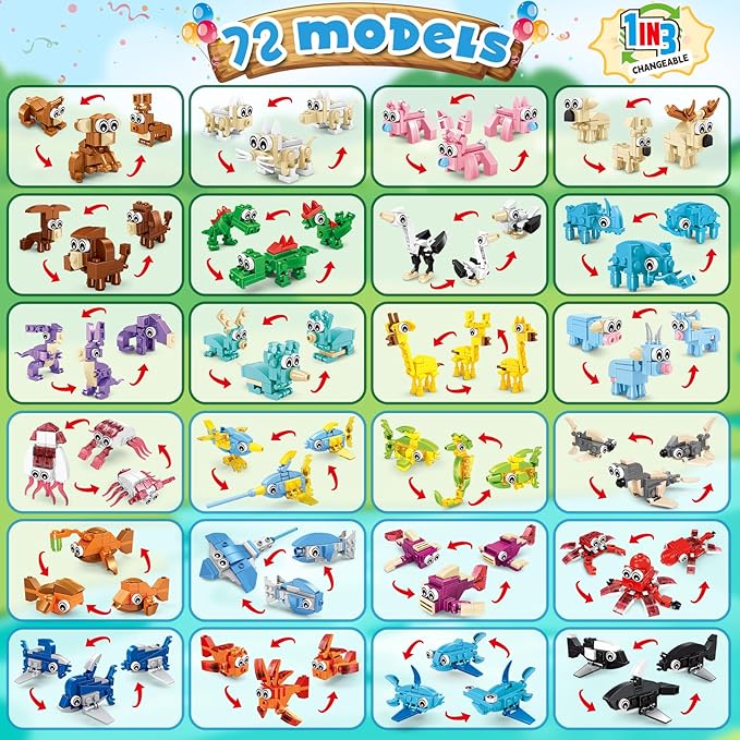 Building Sets 24 Packs Party Favors for Kids, 3 in 1, 72 Kinds of Transformable Animal Building Block Toy, Goodie Bag Stuffers, Classroom Student Prizes Christmas Birthday Gifts for Kid Age 6+