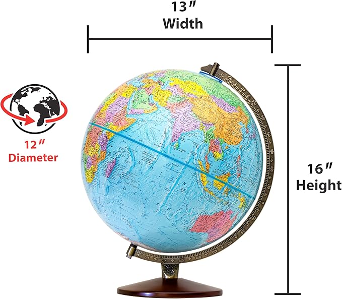 Replogle World Globe with Stand, 12 Inch diameter globe with 3-D Raised Relief Texture. Perfect for Children And Kid's Classroom and home Decor, Made In USA. (Non-Illuminated Presscraft Blue)