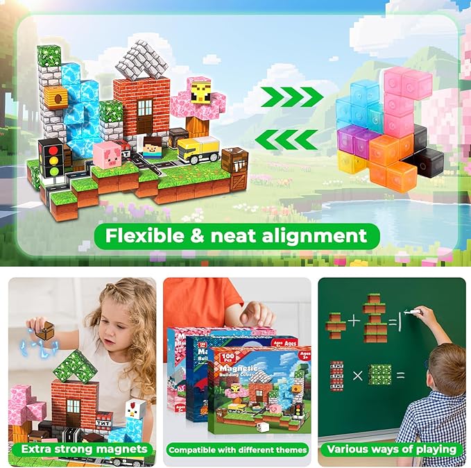 100PCS Magnetic Blocks - Magnetic Blocks for Kids Ages 3 4 5 6 7 8, Stacking Magnets for Kid, Magnetic Building Block for Kids Ages 4-8, Birthday Gifts for 3-10 Year Old Boys Girls, STEM Learning Toy