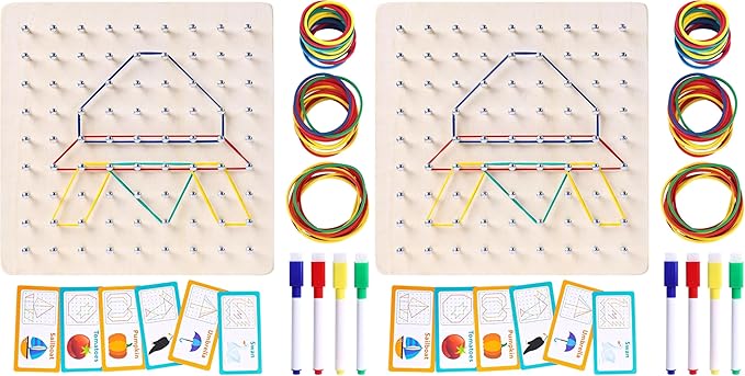 LovesTown Wooden Geoboard Montessori Toys for Kids Graphical Geo Board with Rubber Bands Educational Brain Teaser Toys for Boys Girls (Pack of 2)