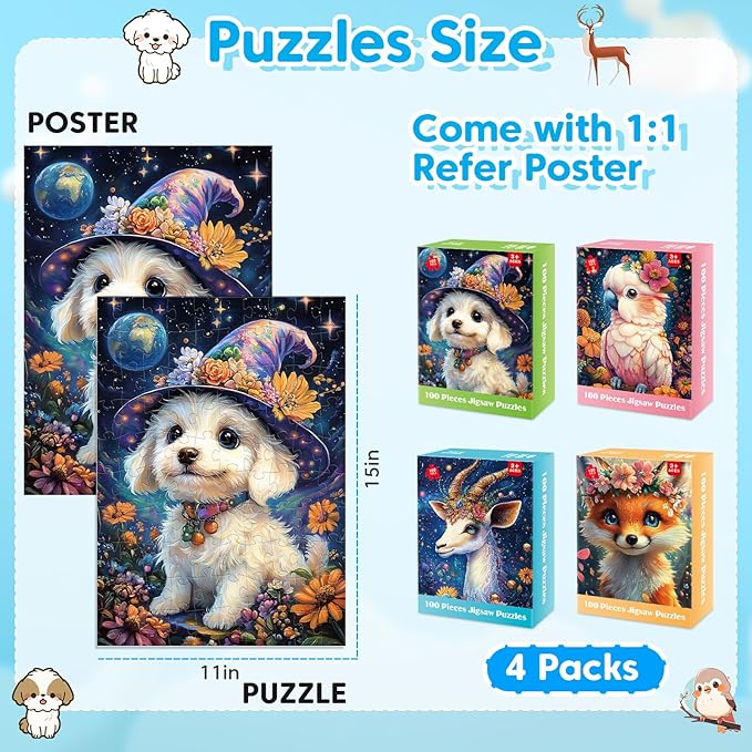 4-Pack 100 Piece Puzzles for Kids Ages 4-6 6-8 8-10, Adorable Puppy Parrot Springbok Fox Jigsaw Puzzles, Set for Kids Adults Seniors, Fun and Educational Toys for Family