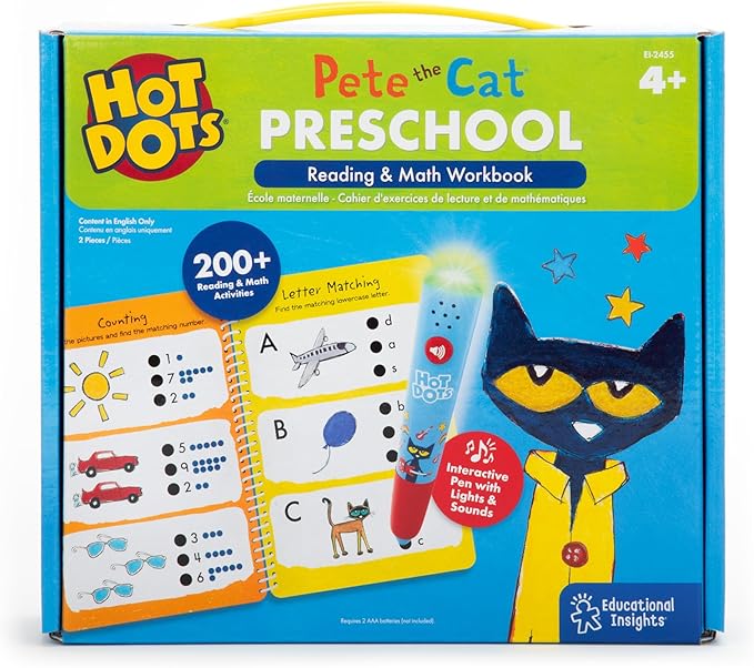 Educational Insights Hot Dots Pete The Cat Preschool Reading & Math Workbook - Preschool Workbooks with Interactive Pen, Homeschool Learning Books, Build Toddler Reading & Math Skills, Ages 4+