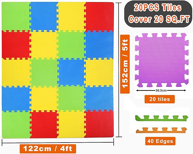 Kangler Kids Puzzle Play Mats, 20pcs Extra Large Colorful Foam Flooring Tiles, Interlocking Floor Mats with Borders for Children Infant Baby Crawling, Exercise, Playroom, Play Area, Baby Nursery