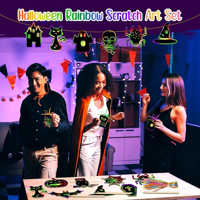 Qilery 120 Pcs Fall Halloween Scratch Paper Off Cards Magic Pumpkins Scratch Off Paper Craft Art Activities Rainbow Black Fun for Thanksgiving Party Ornaments DIY Education Game(Spooky Style)