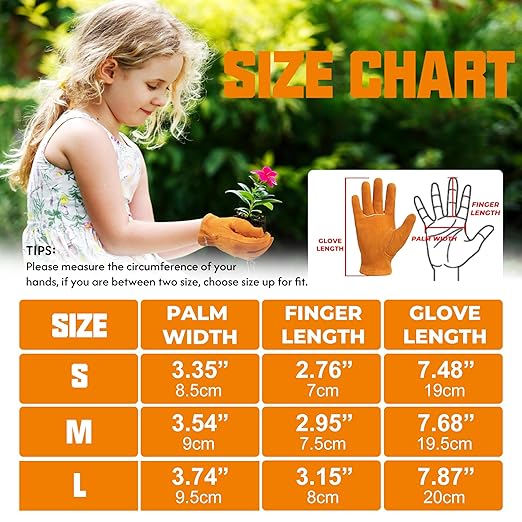 HANDLANDY Kids Genuine Leather Work Gloves for ages 3-11, Children Gardening Gloves for Boys, Girls (Small (for age 2-4), Orange)