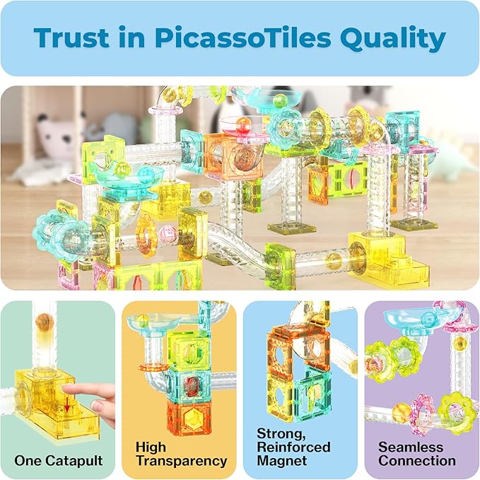 PicassoTiles Magnet Tile Building Block 80pc Marble Run Race Track Travel Size Pretend Play Toy With Launcher Lifter STEM Education Learning Magnetic Tiles Construction Kit School Boys Girls 3+ PTMG80