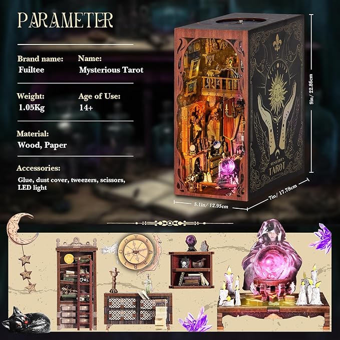 DIY Book Nook Kit, 3D Wooden Puzzle Booknook, Bookshelf Miniature House Kit Dollhouse, Tarot Divination Test, with LED Light, Dust Cover, Gift for Adults Teens (Mysterious Tarot)