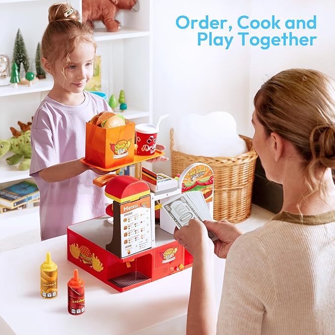 Restaurant Play Set Toy - 40+ PCS Fast Food Playset with Potato Cutter, Simulated Frying Effect & Lights, Order, Card & Drink Station - Interactive Role Play Toy Birthday Gift for Boys Girls