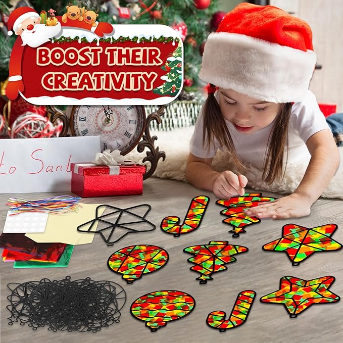 QOUBAI 32 Sets Christmas Theme Suncatchers Craft Kit DIY Window Stained Glass Effect Christmas Theme Paper Crafts Home School Classroom Decoration Kid Birthday Gift Creative Art Project Activity Game
